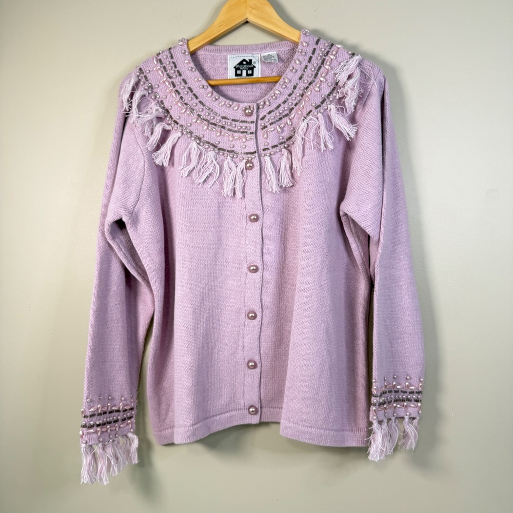 Storybook Knits 1X Diamonte Diva Beaded Fringe Cardigan Bling Artsy Cottagecore
